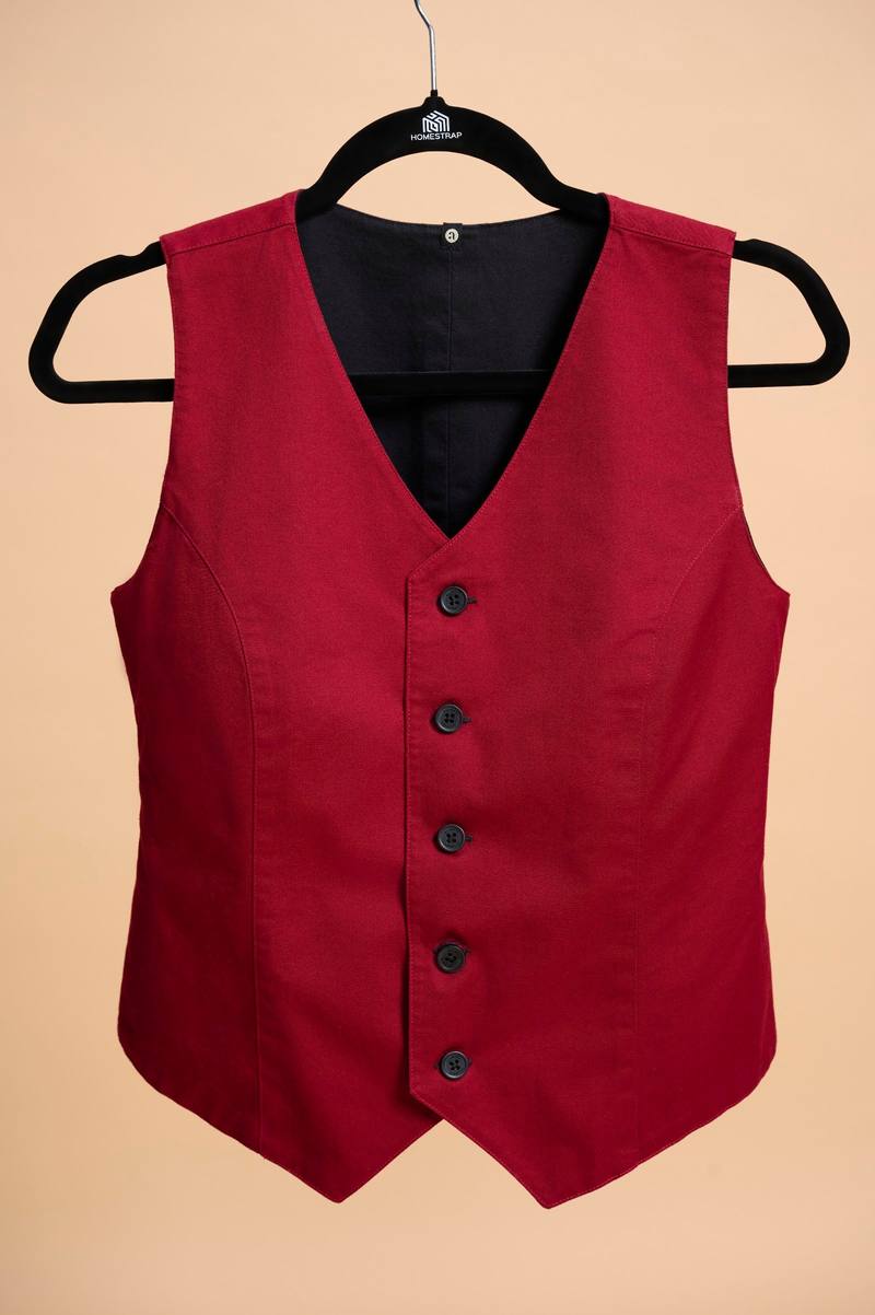 A red waistcoat on a hanger against a peach backdrop