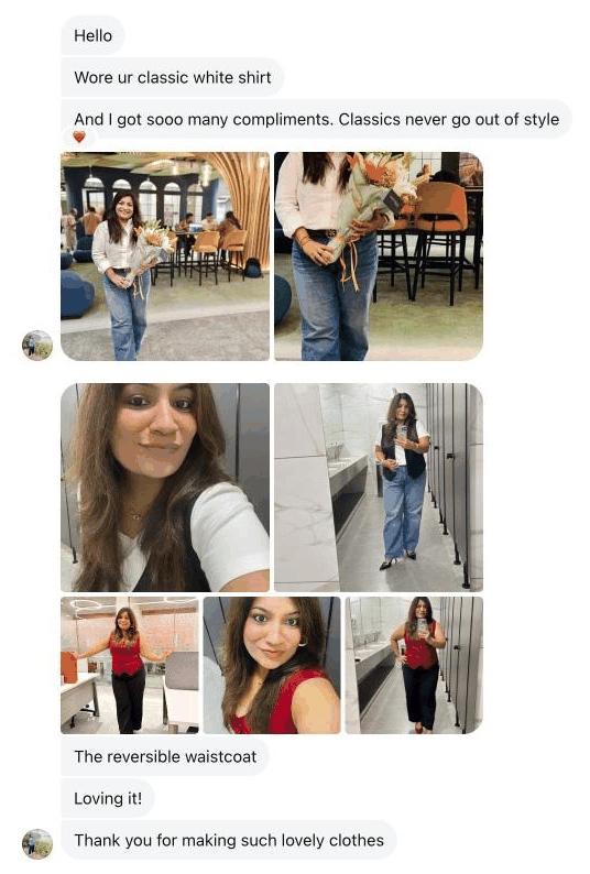 Wore ur classic white shirt. And I got sooo many compliments. Classics never go out of style. … The reversible waistcoat. Loving it! Thank you for making such lovely clothes